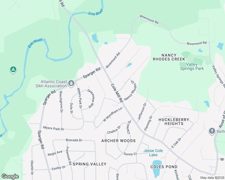 map of restaurants, bars, coffee shops, grocery stores, and more near 3707 Cole Mill Road in Durham