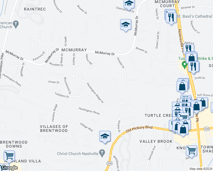 map of restaurants, bars, coffee shops, grocery stores, and more near 496 Huntington Ridge Drive in Nashville