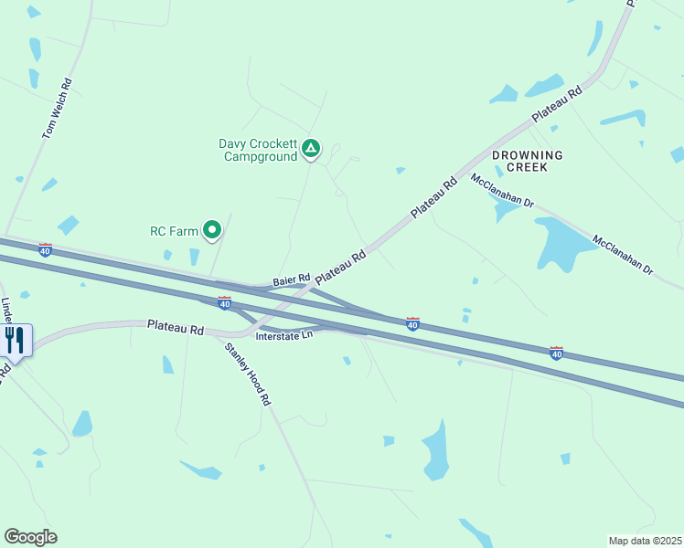 map of restaurants, bars, coffee shops, grocery stores, and more near 6399 Plateau Road in Crossville