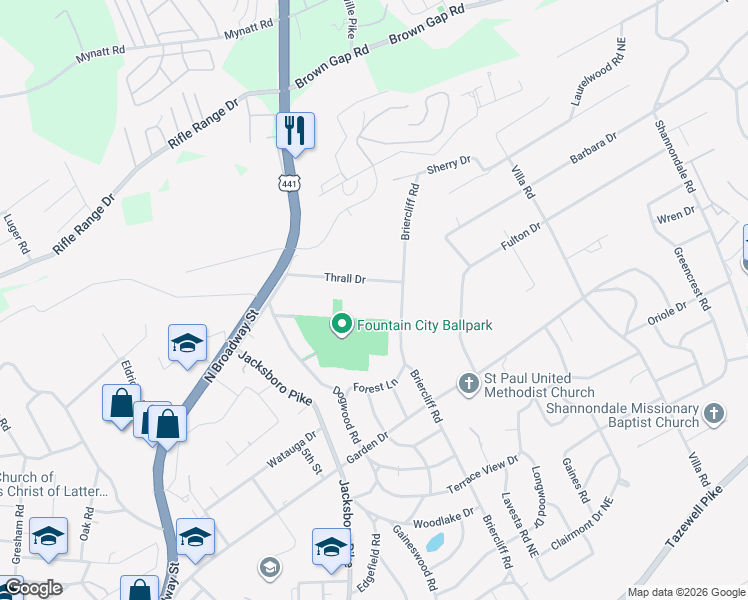map of restaurants, bars, coffee shops, grocery stores, and more near 3816 Thrall Drive in Knoxville