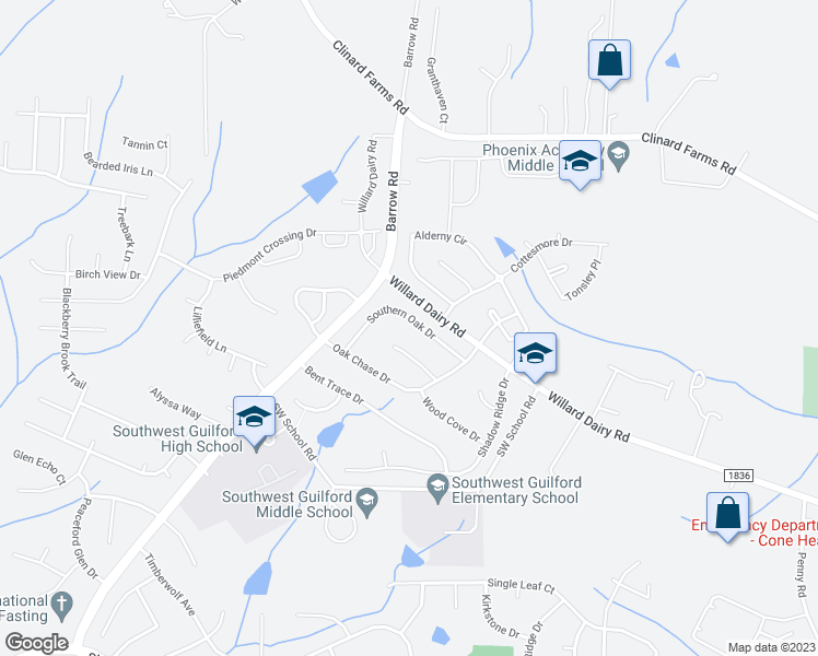 map of restaurants, bars, coffee shops, grocery stores, and more near 4344 Southern Oak Drive in High Point