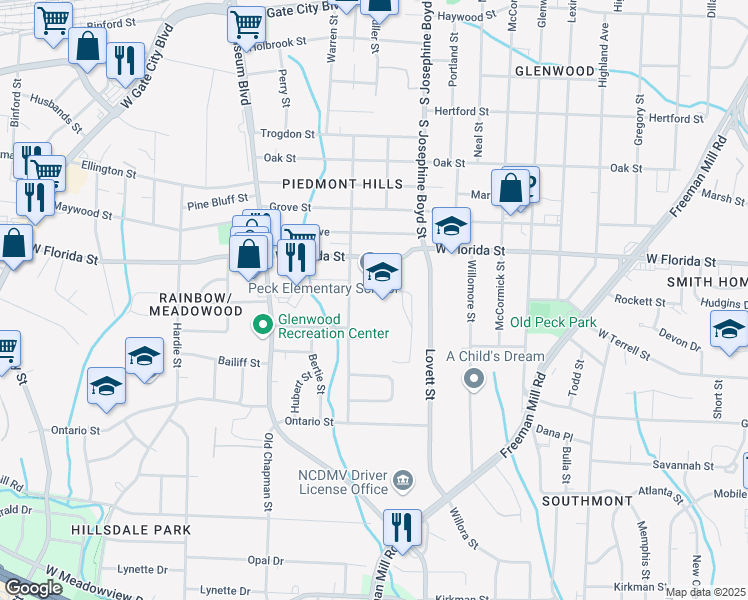 map of restaurants, bars, coffee shops, grocery stores, and more near 1601 West Florida Street in Greensboro