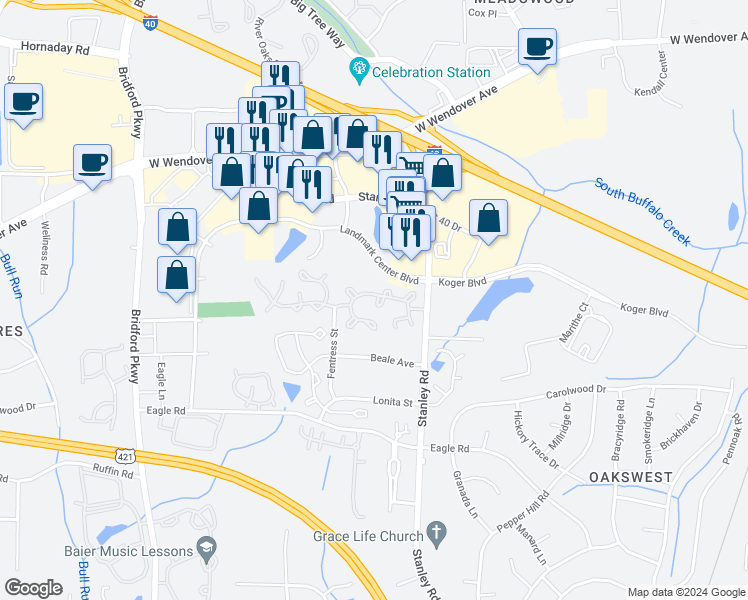 map of restaurants, bars, coffee shops, grocery stores, and more near 5051 Bartholomew's Lane in Greensboro