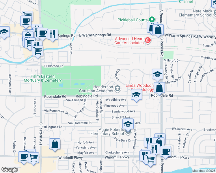 map of restaurants, bars, coffee shops, grocery stores, and more near 2769 Fountain Ridge Lane in Henderson