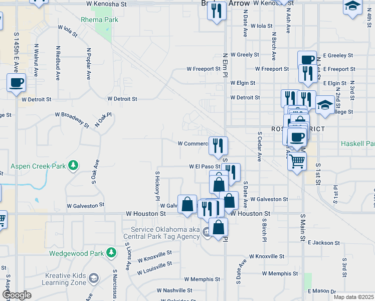 map of restaurants, bars, coffee shops, grocery stores, and more near 741 West Commercial Street in Broken Arrow