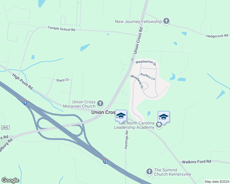 map of restaurants, bars, coffee shops, grocery stores, and more near 1776 Union Cross Road in Kernersville