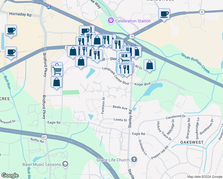 map of restaurants, bars, coffee shops, grocery stores, and more near 5055 Bartholomew's Lane in Greensboro