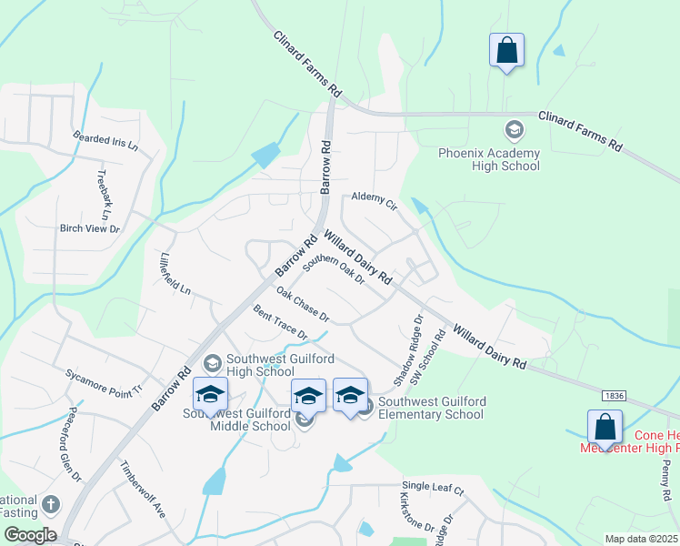 map of restaurants, bars, coffee shops, grocery stores, and more near 4344 Southern Oak Drive in High Point
