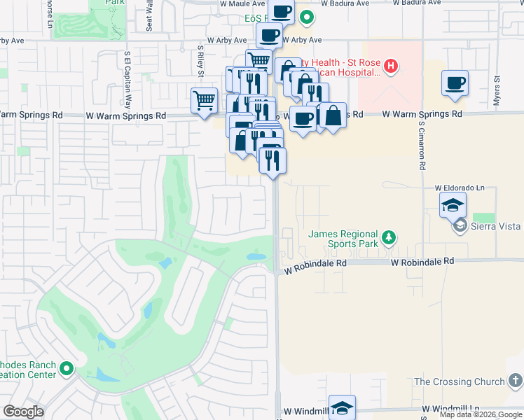 map of restaurants, bars, coffee shops, grocery stores, and more near 394 Highland Hills Court in Las Vegas