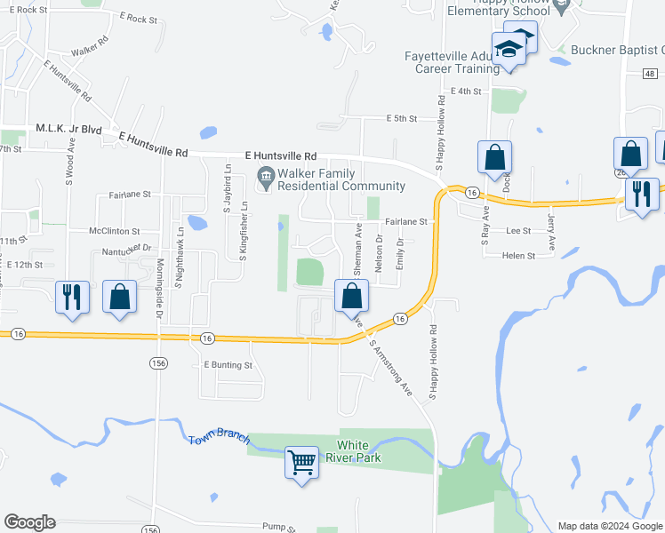 map of restaurants, bars, coffee shops, grocery stores, and more near 1195 Curtis Avenue in Fayetteville