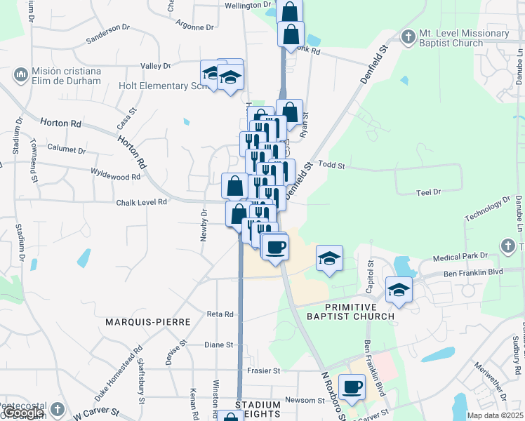 map of restaurants, bars, coffee shops, grocery stores, and more near 511 Horton Road in Durham