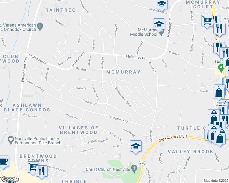 map of restaurants, bars, coffee shops, grocery stores, and more near 610 Ashley Court in Nashville