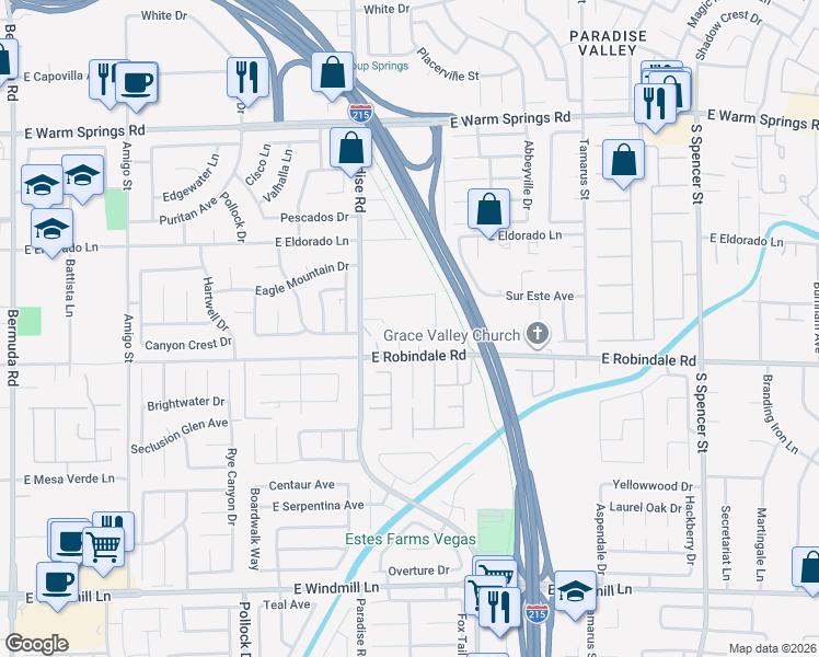 map of restaurants, bars, coffee shops, grocery stores, and more near 7668 South Friendly Breeze Court in Las Vegas