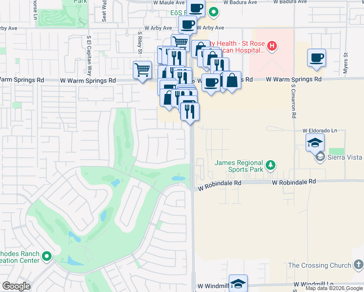 map of restaurants, bars, coffee shops, grocery stores, and more near 82 Cascade River Street in Las Vegas