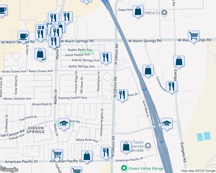 map of restaurants, bars, coffee shops, grocery stores, and more near 325 Old Gibson Road in Henderson