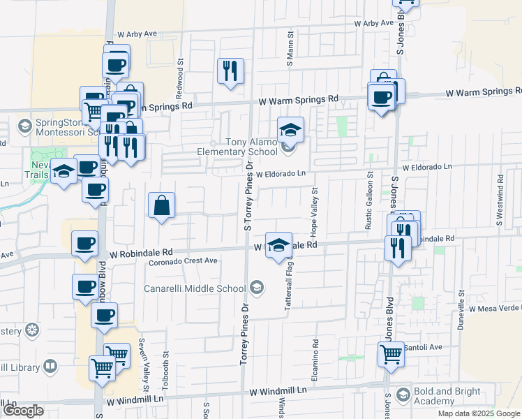 map of restaurants, bars, coffee shops, grocery stores, and more near 7585 Bear River Court in Las Vegas