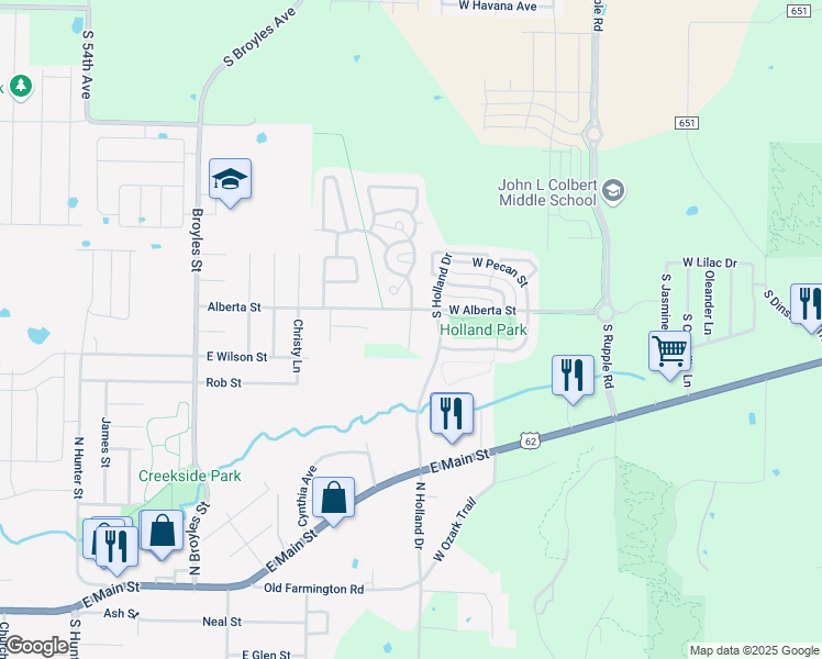 map of restaurants, bars, coffee shops, grocery stores, and more near 1369 South Holland Drive in Fayetteville