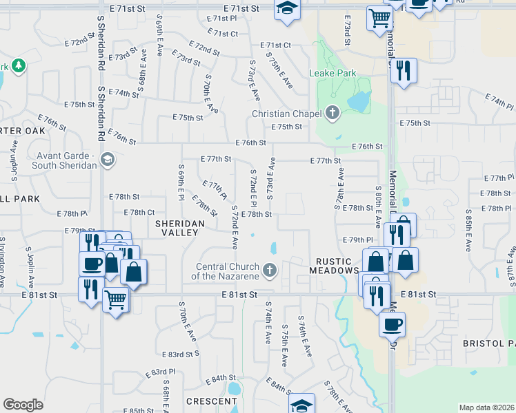 map of restaurants, bars, coffee shops, grocery stores, and more near 7742 South 72nd East Place in Tulsa