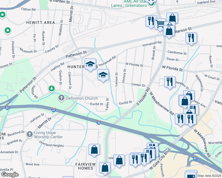 map of restaurants, bars, coffee shops, grocery stores, and more near 3407 Center Street in Greensboro