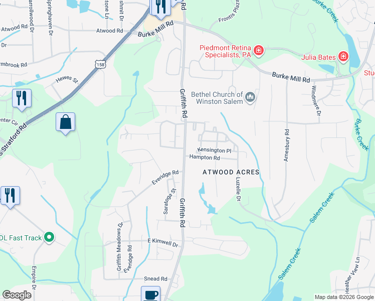 map of restaurants, bars, coffee shops, grocery stores, and more near 3345 Kensington Place in Winston-Salem
