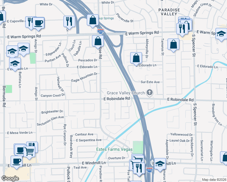 map of restaurants, bars, coffee shops, grocery stores, and more near 7668 South Friendly Breeze Court in Las Vegas