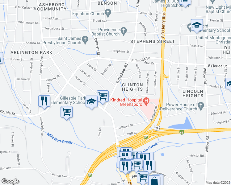 map of restaurants, bars, coffee shops, grocery stores, and more near 2005 South Benbow Road in Greensboro