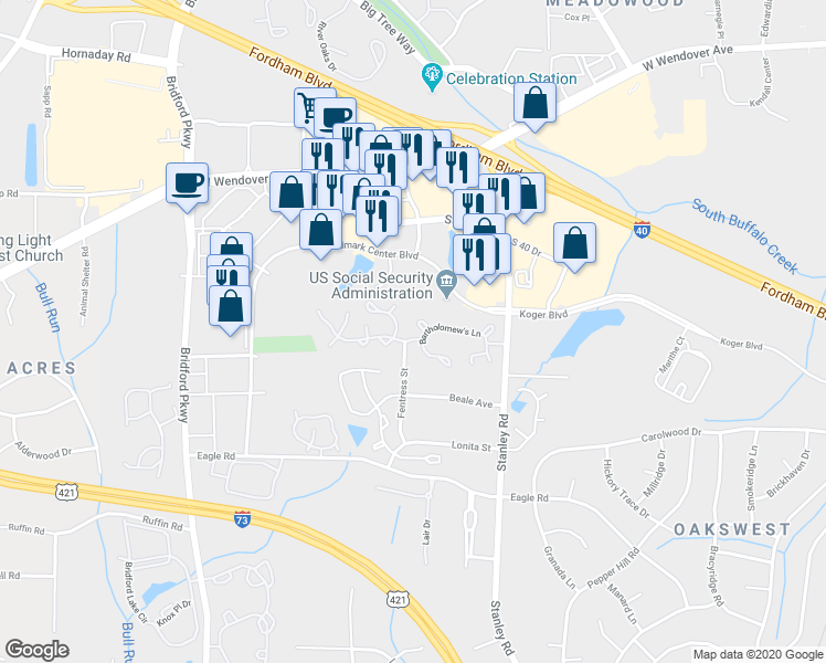 map of restaurants, bars, coffee shops, grocery stores, and more near 5086 Bartholomew's Lane in Greensboro