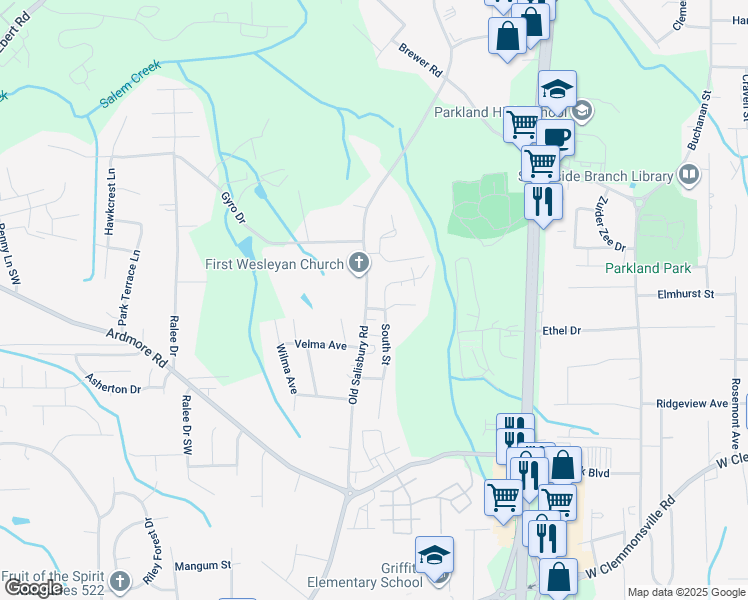 map of restaurants, bars, coffee shops, grocery stores, and more near 1656 Old Salisbury Road in Winston-Salem