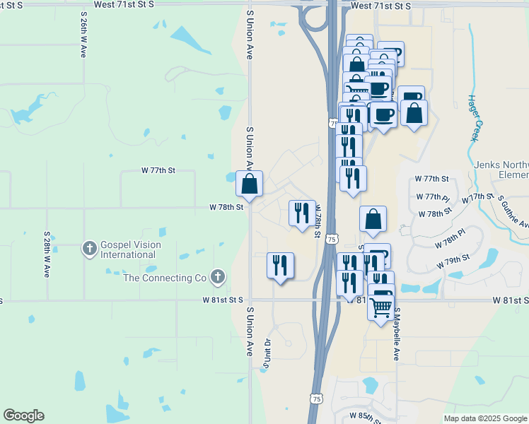 map of restaurants, bars, coffee shops, grocery stores, and more near 7805 South Union Avenue in Tulsa