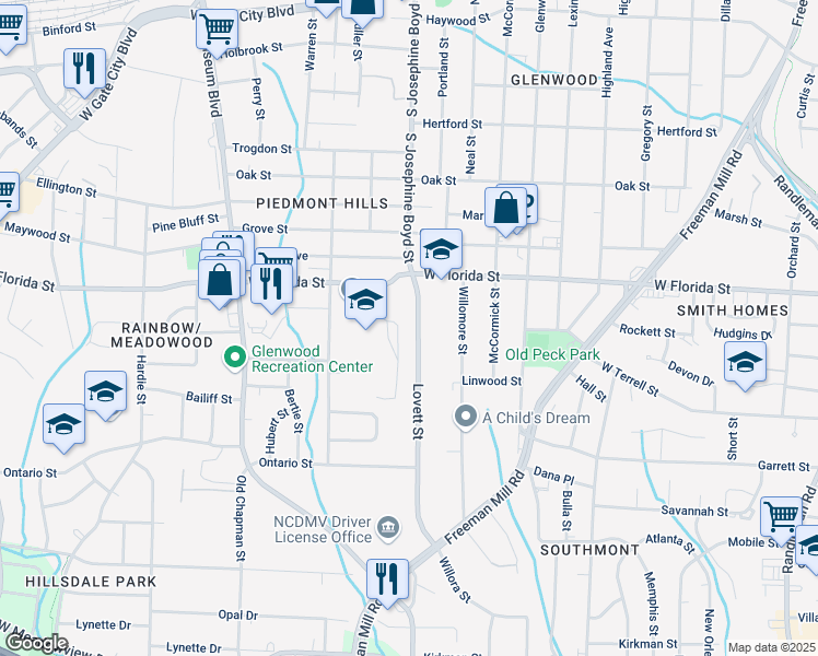 map of restaurants, bars, coffee shops, grocery stores, and more near 1601 West Florida Street in Greensboro