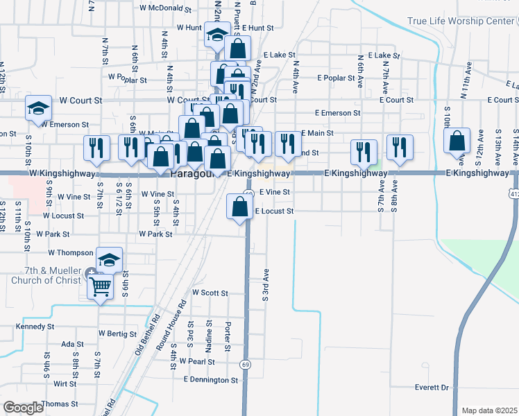 map of restaurants, bars, coffee shops, grocery stores, and more near 207 East Locust Street in Paragould