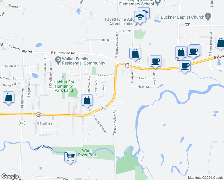 map of restaurants, bars, coffee shops, grocery stores, and more near 1159 Happy Hollow Road in Fayetteville