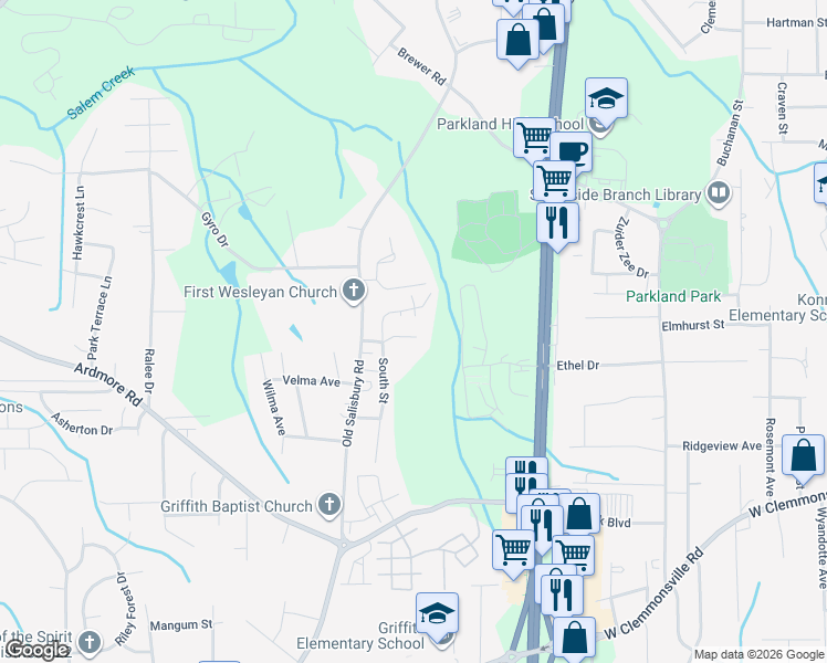 map of restaurants, bars, coffee shops, grocery stores, and more near 1655 Tadmore Street in Winston-Salem