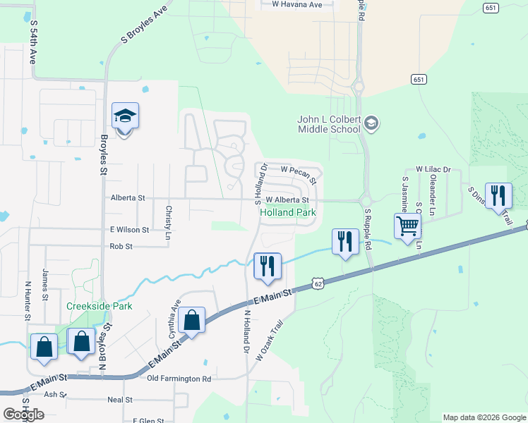map of restaurants, bars, coffee shops, grocery stores, and more near 1384 South Holland Drive in Fayetteville