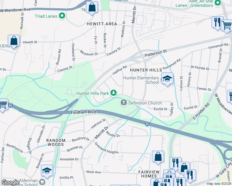map of restaurants, bars, coffee shops, grocery stores, and more near 4004 Gentry Street in Greensboro