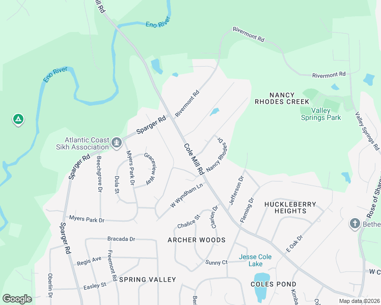 map of restaurants, bars, coffee shops, grocery stores, and more near 3706 Cole Mill Road in Durham