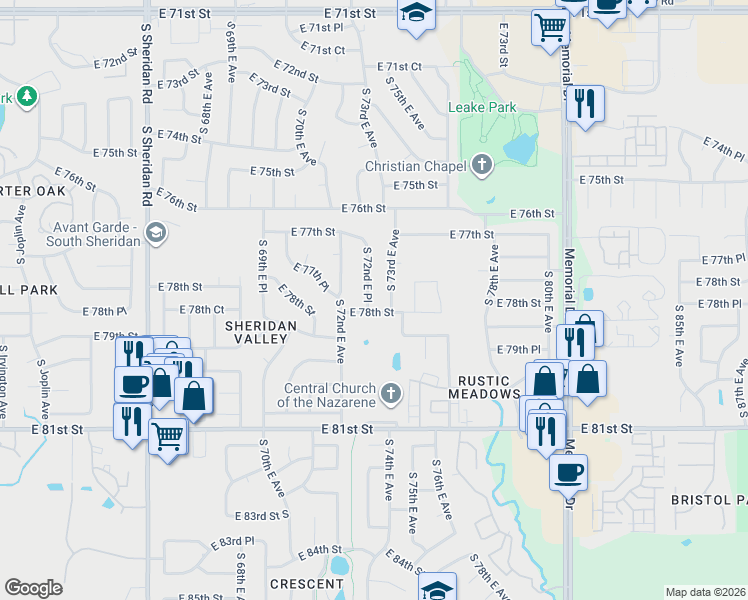 map of restaurants, bars, coffee shops, grocery stores, and more near 7742 South 72nd East Place in Tulsa