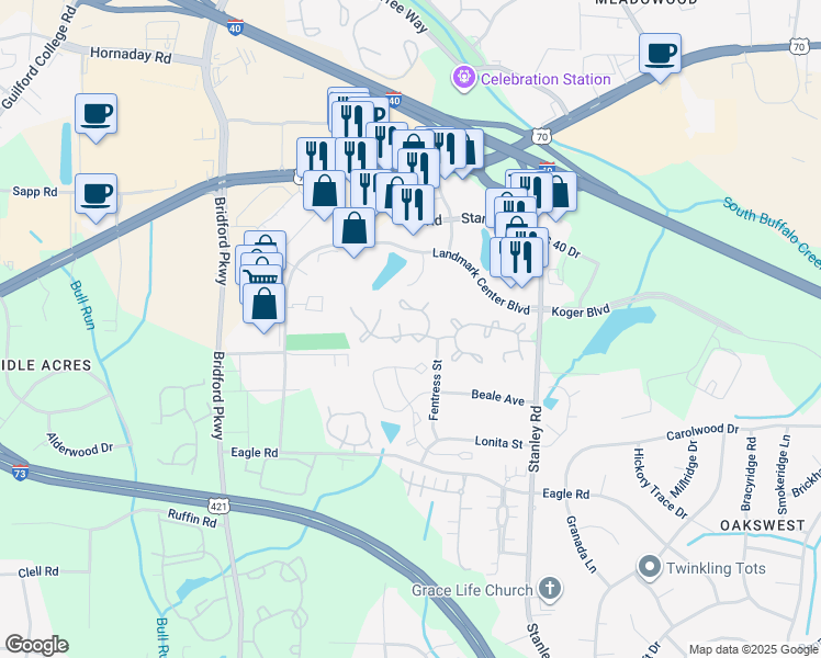 map of restaurants, bars, coffee shops, grocery stores, and more near 5310 Strasburg Drive in Greensboro