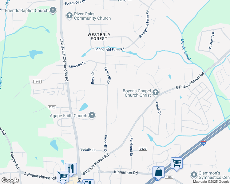 map of restaurants, bars, coffee shops, grocery stores, and more near 2704 Park Oak Drive in Clemmons