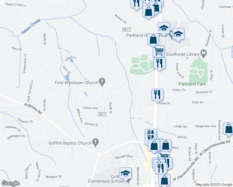 map of restaurants, bars, coffee shops, grocery stores, and more near 1655 Tadmore Street in Winston-Salem