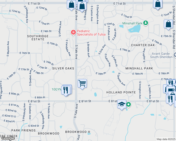 map of restaurants, bars, coffee shops, grocery stores, and more near 7719 South Yale Avenue in Tulsa