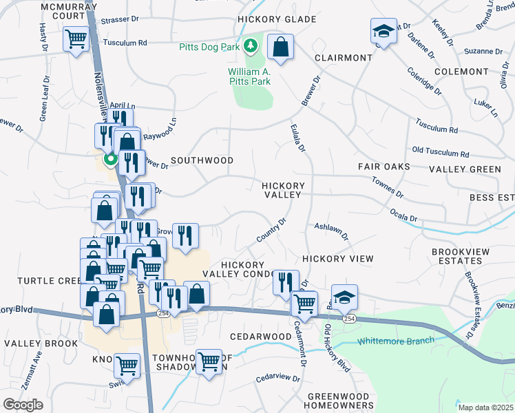map of restaurants, bars, coffee shops, grocery stores, and more near 320 Ash Grove Drive in Nashville