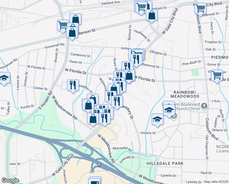 map of restaurants, bars, coffee shops, grocery stores, and more near 2728 Hayden Street in Greensboro