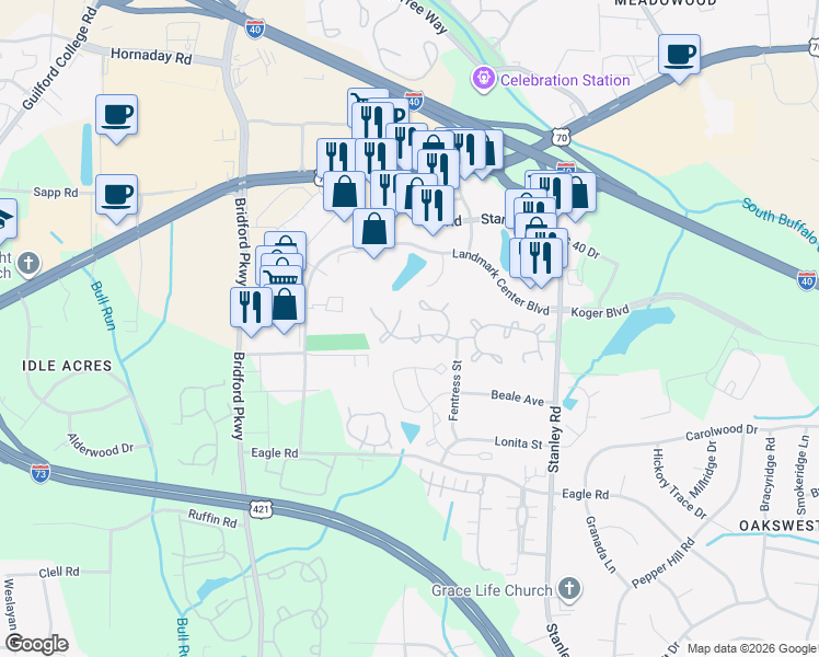 map of restaurants, bars, coffee shops, grocery stores, and more near 20 Raelans Circle in Greensboro