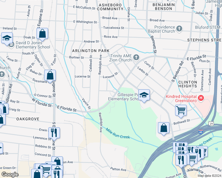 map of restaurants, bars, coffee shops, grocery stores, and more near 705 Glover Street in Greensboro