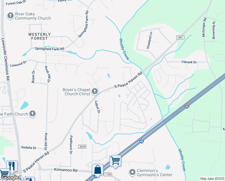 map of restaurants, bars, coffee shops, grocery stores, and more near 779 South Peace Haven Road in Winston-Salem