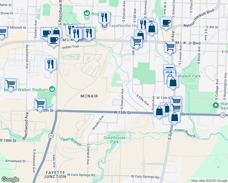 map of restaurants, bars, coffee shops, grocery stores, and more near 912 West 12th Street in Fayetteville