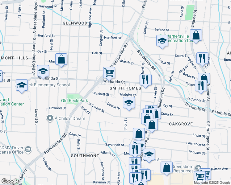 map of restaurants, bars, coffee shops, grocery stores, and more near 1827 Luray Drive in Greensboro