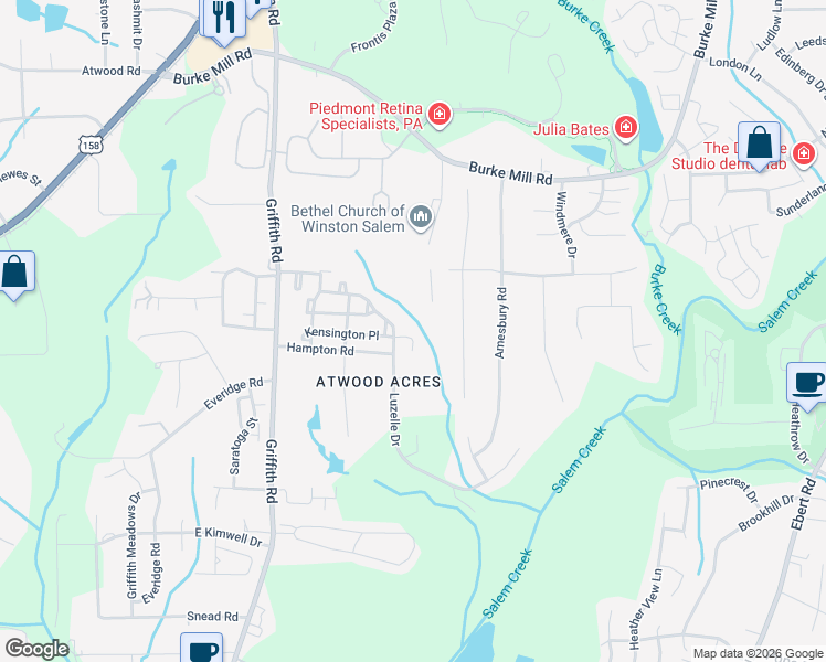 map of restaurants, bars, coffee shops, grocery stores, and more near 3077 Kensington Place in Winston-Salem
