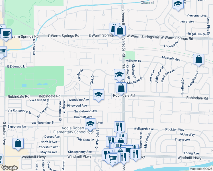 map of restaurants, bars, coffee shops, grocery stores, and more near 2621 White Pine Drive in Henderson